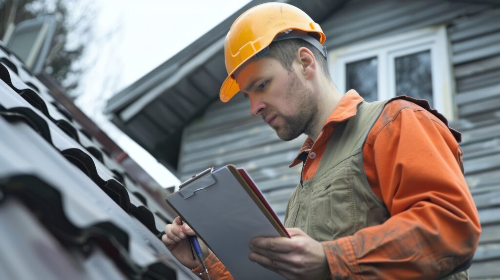 Ouvrier en casque orange inspectant une toiture, clipboard à la main, devant une maison.