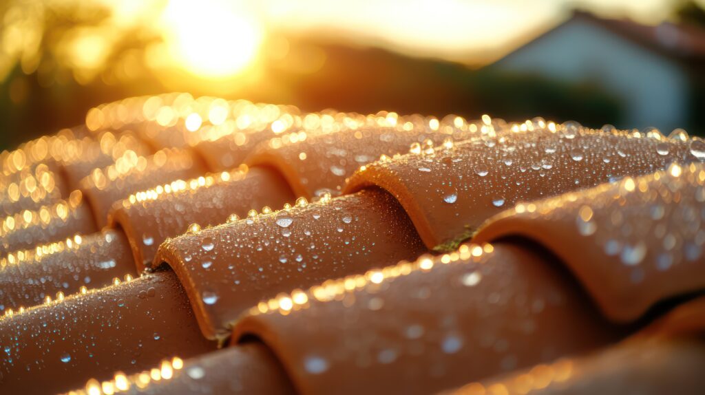 Gros plan de tuiles de toiture couvertes de gouttelettes d’eau, éclairées par le soleil couchant.